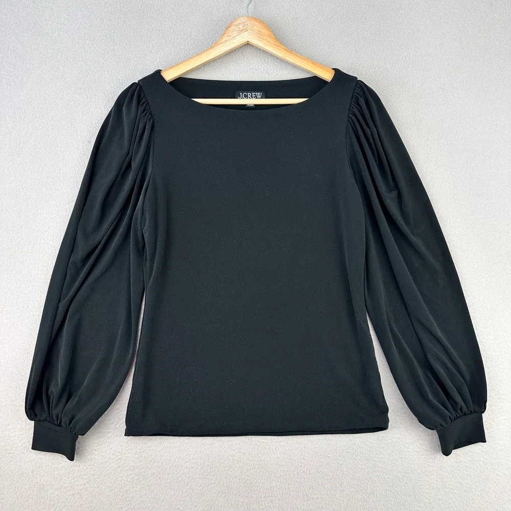 J.Crew Blouse Womens S Black Puff Sleeve Liquid Knit‎ Office Career Crewneck